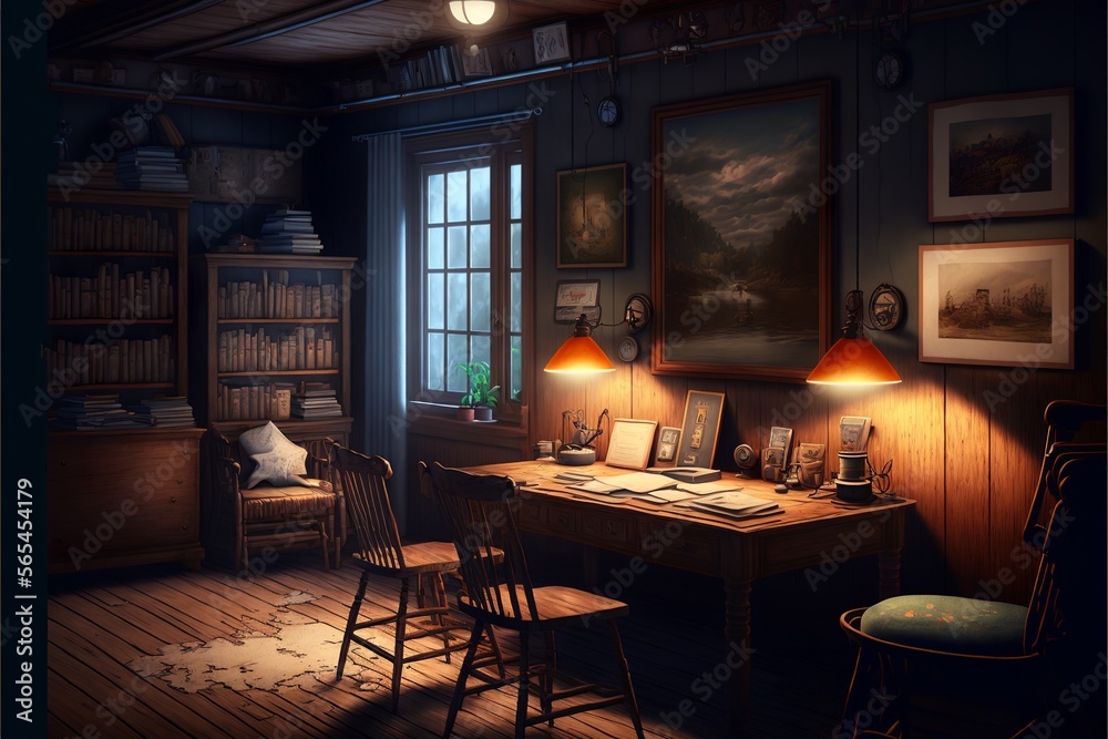 Country interior style study room at dawn with robust vintage looking natural wood desk and furnitures, with pictures and clock on the wall, illuminated bluntly with a table lamp