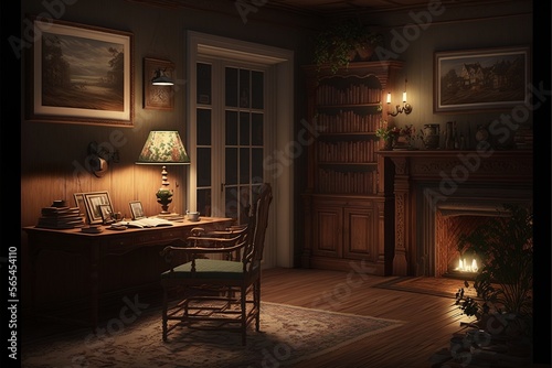 Country interior style study room at night with robust vintage looking natural wood desk and furnitures, with pictures and clock on the wall, illuminated bluntly with a table lamp photo