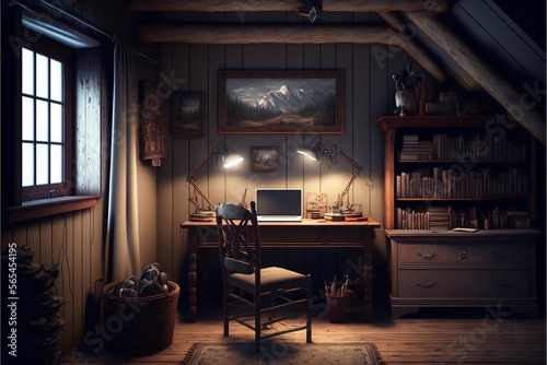 Country interior style study room at night with natural wood desk and pictures on the wall, illuminated bluntly with a table lamp