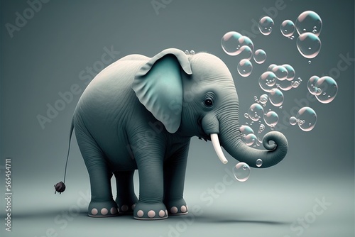  an elephant with bubbles floating around it's trunk and trunk, with a gray background and a gray background with a black background and white background. generative ai