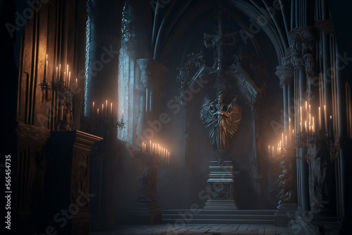 Dark gothic church or chapel. Gloomy interior with columns, candels and statues. Created with Generative AI technology.