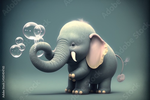  a small elephant with bubbles floating around it s trunk and trunk  with a blue background and a green background with a black border.  generative ai