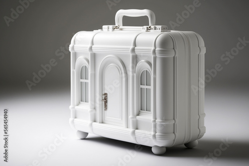 Isolated image of a luggage shaped as a house, concept of living out of a suitcase, my suitcase is my home - Generative AI