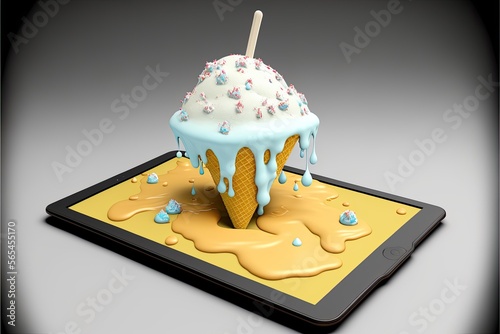 D Render of a Tablet with Melting Ice Cream Emerging from Screen - AI Generated - Perfect for Technology and Summer Themes photo