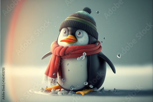  a penguin wearing a hat and scarf with a rainbow in the background and rain drops falling on it's face and nose, with a red scarf around its neck. generative ai