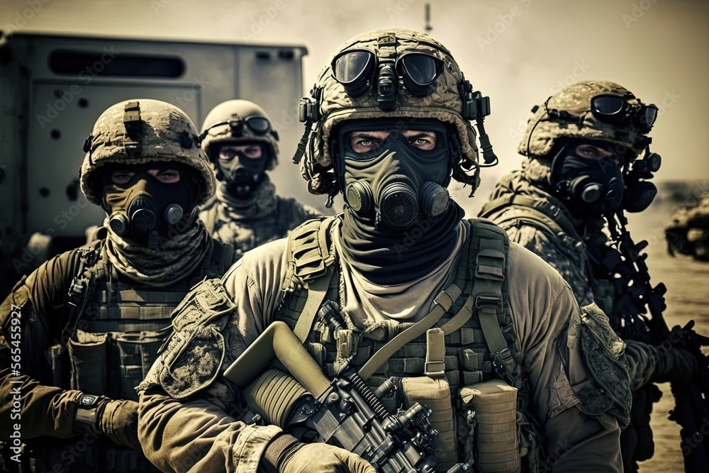 Special forces soldiers on the battlefield carrying riffles