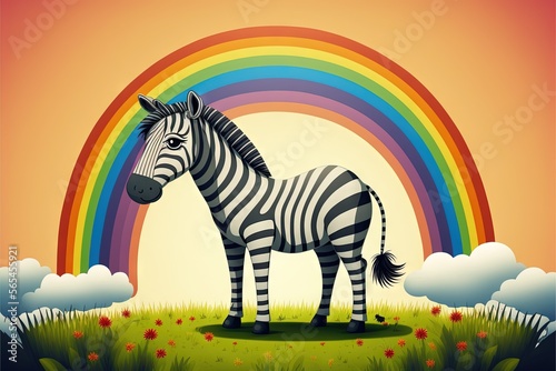  a zebra standing in a field with a rainbow in the background and clouds in the sky above it, with a pink sky and yellow sun behind it. generative ai