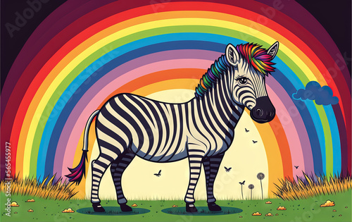  a zebra standing in a field with a rainbow in the background and birds flying around it  with a rainbow in the background  and a bird in the foreground.  generative ai