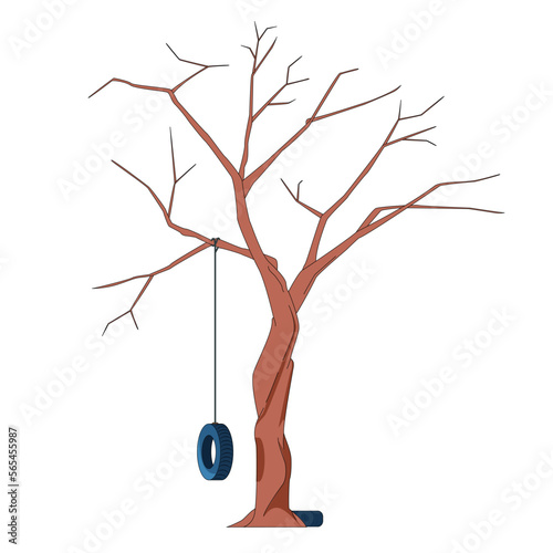 dry tree without leaves, tied tire from car, brown color, vector illustration