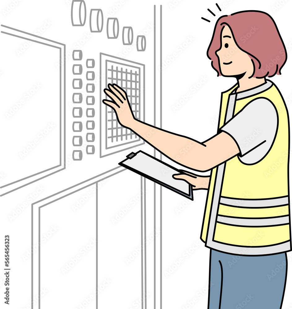 Girl in uniform adjusts industrial equipment on control panel. Girl in uniform adjusts industrial equipment on control panel.