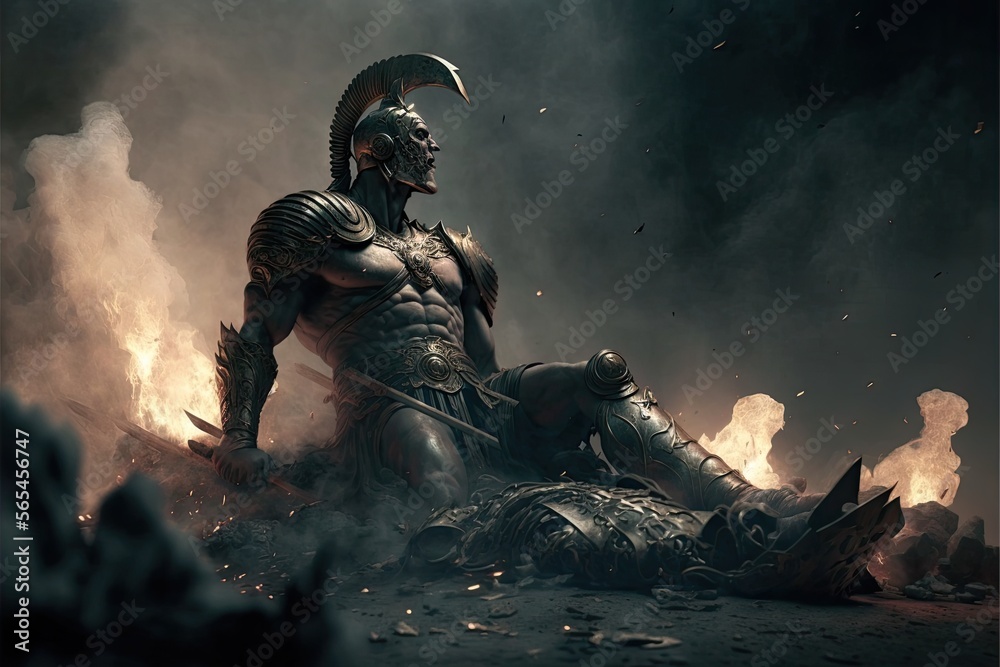 Statue of Ares, god of war, in battlefield with bodies and smoke in
