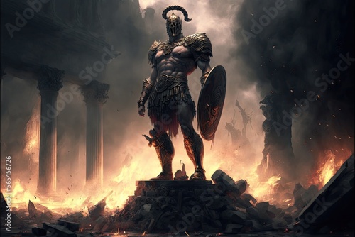 Statue of Ares, god of war, in battlefield with bodies and smoke in background - AI generated photo