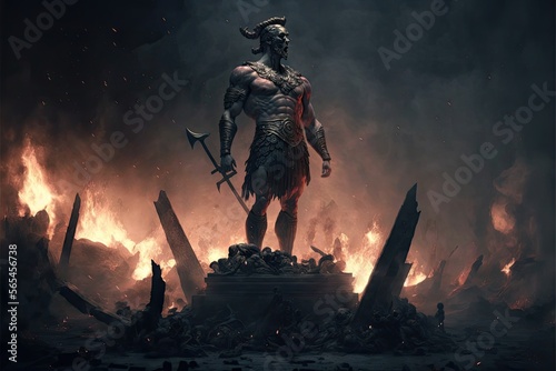 Statue of Ares, god of war, in battlefield with bodies and smoke in background - AI generated photo