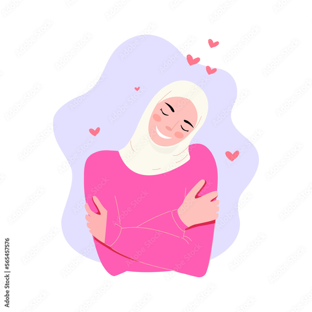 Happy muslim woman in hijab hugging herself. Love yourself. Self care. Beautiful Muslim woman hugs herself. Self-love concept. Self acceptance Happy muslim woman in hijab hugging herself. Love yourself. Self care. Beautiful Muslim woman hugs herself. Self-love concept. Self acceptance