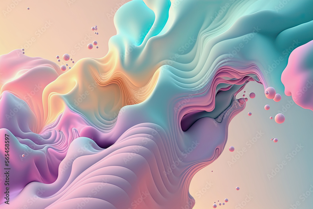 abstract ai generated background illustration of a colored floating liquid in violet and turquoise pastel colors - obrazy, fototapety, plakaty 