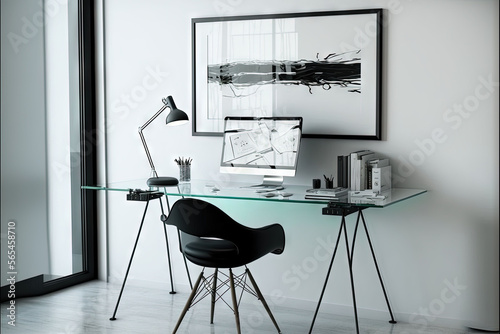  a glass desk with a computer and a chair in front of it with a picture on the wall above it and a lamp on the desk.  generative ai