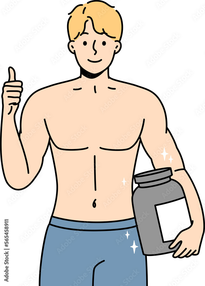 Smiling bodybuilder with protein in hands Smiling bodybuilder with protein in hands