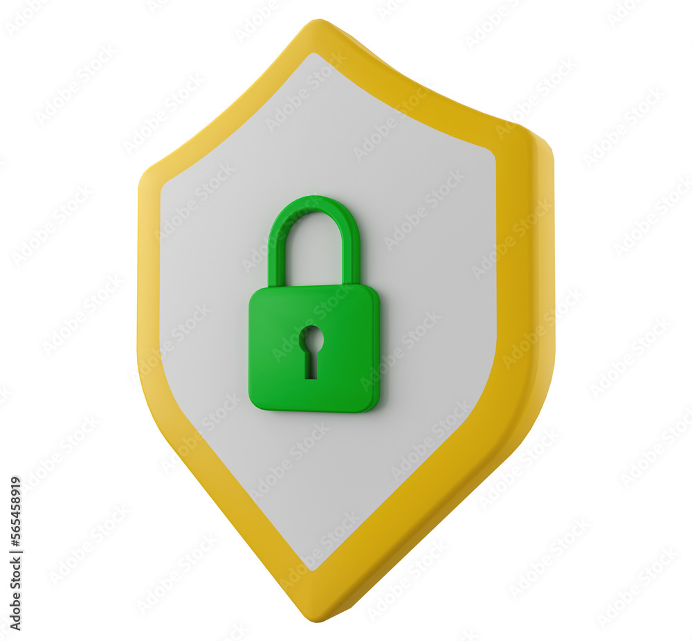 Shield 3d illustration with lock sign side view. Cyber security concept 3d icon with shield and closed lock on it. 3D protection icon Shield 3d illustration with lock sign side view. Cyber security concept 3d icon with shield and closed lock on it. 3D protection icon