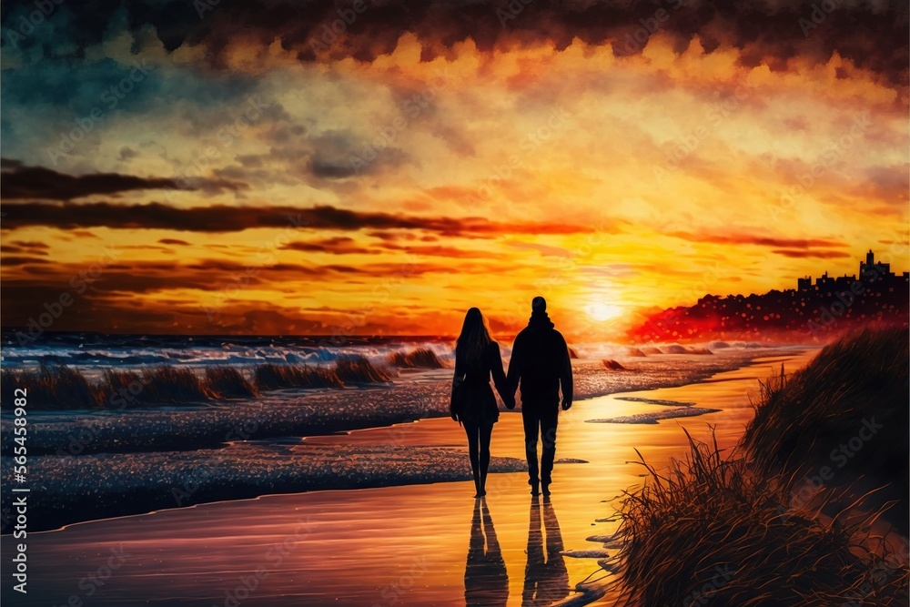a painting of two people walking on the beach at sunset with the sun ...