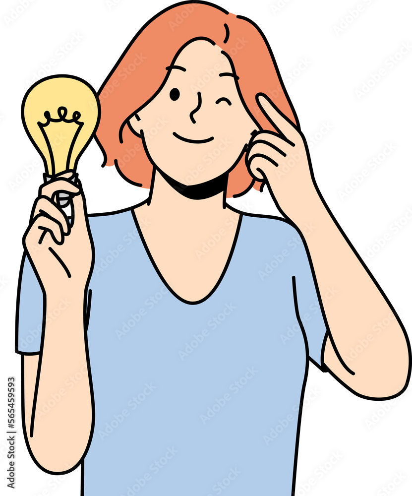 Smiling woman with lightbulb develop business idea Smiling woman with lightbulb develop business idea