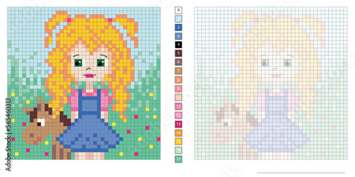 vector pixel illustration, girl with pony in the meadow, coloring book, embroidery design, mosaic, creativity, development of motor skills and imagination