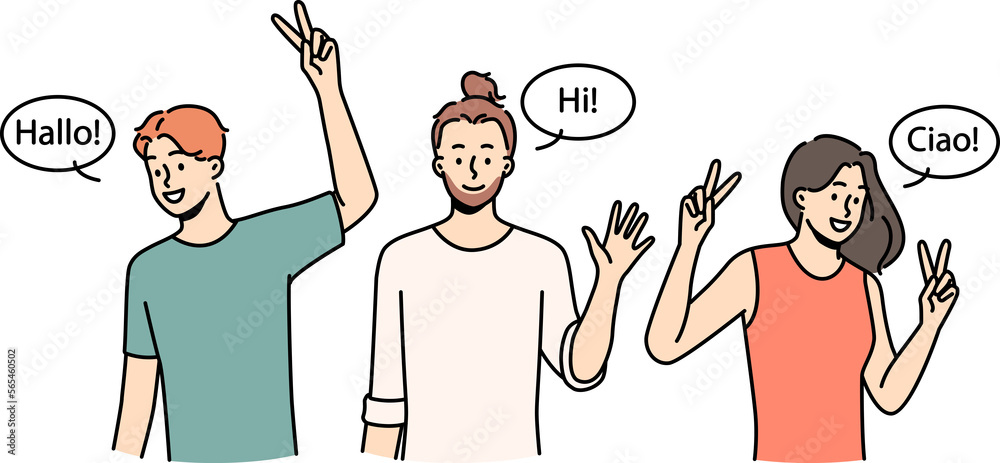 Fotografie Smiling interracial people greeting in different languages
