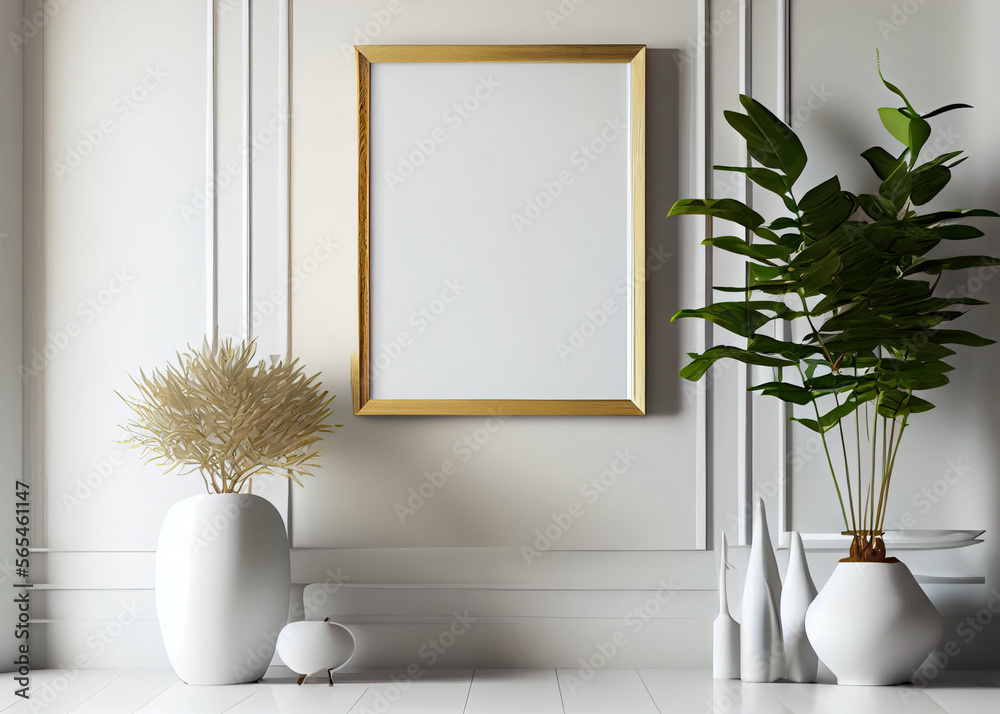 Frame with white vase of flowers over light wall. Mockup Template AI Generated Frame with white vase of flowers over light wall. Mockup Template AI Generated