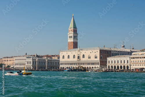 VENICE, ITALY - FEBRAURY , 2020: Doge's palace, Library and St. Marco tower from water.