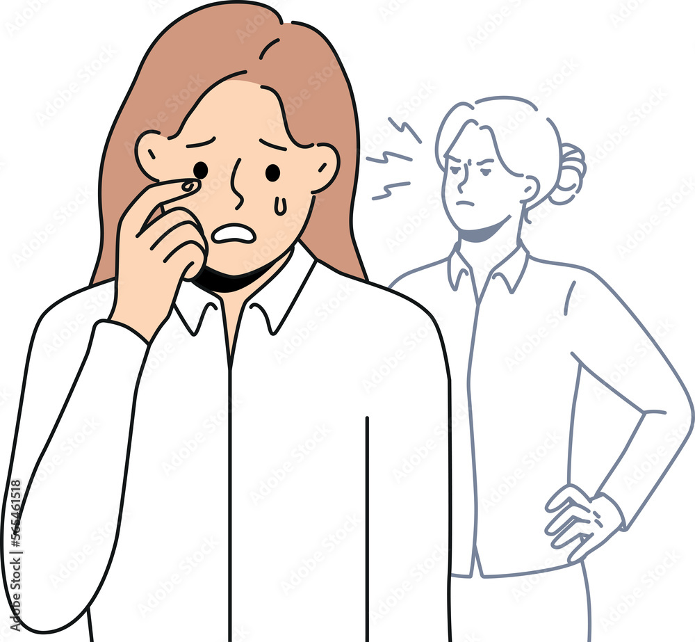 Stressed woman employee suffer from work bullying Stressed woman employee suffer from work bullying