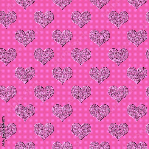 Valentine s day hearts on a bright pink background with a dot pattern  seamless texture