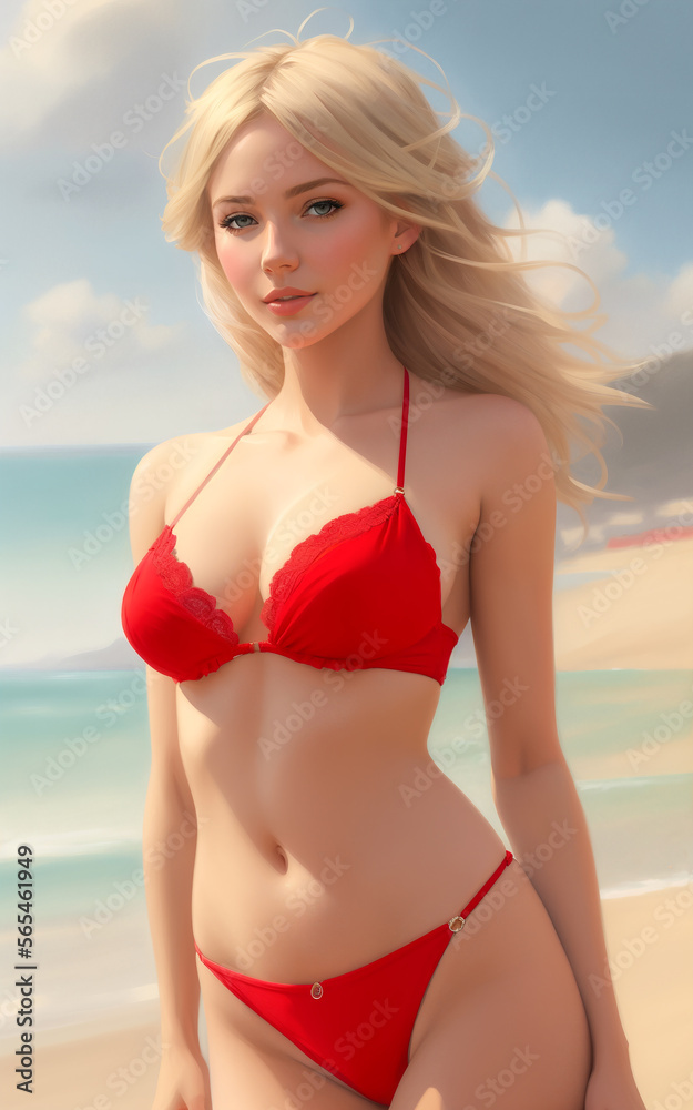 Blonde sexy woman sunbathing on the beach