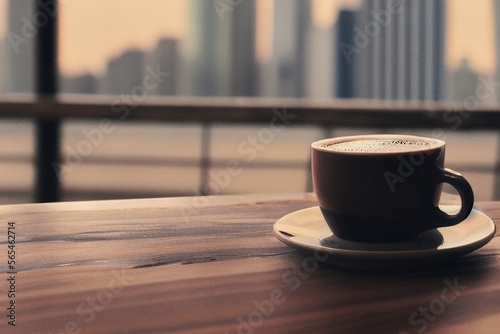 Cup of coffee on a rustic table with a blurred cityscape in the background, Generated by AI