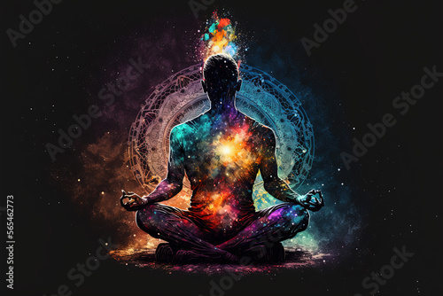 person in yoga position, mystery meditation background. 