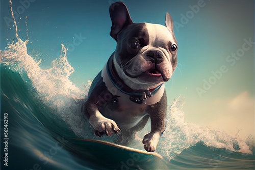 french bulldog, floating on a surfboard in the waves © Natasha 