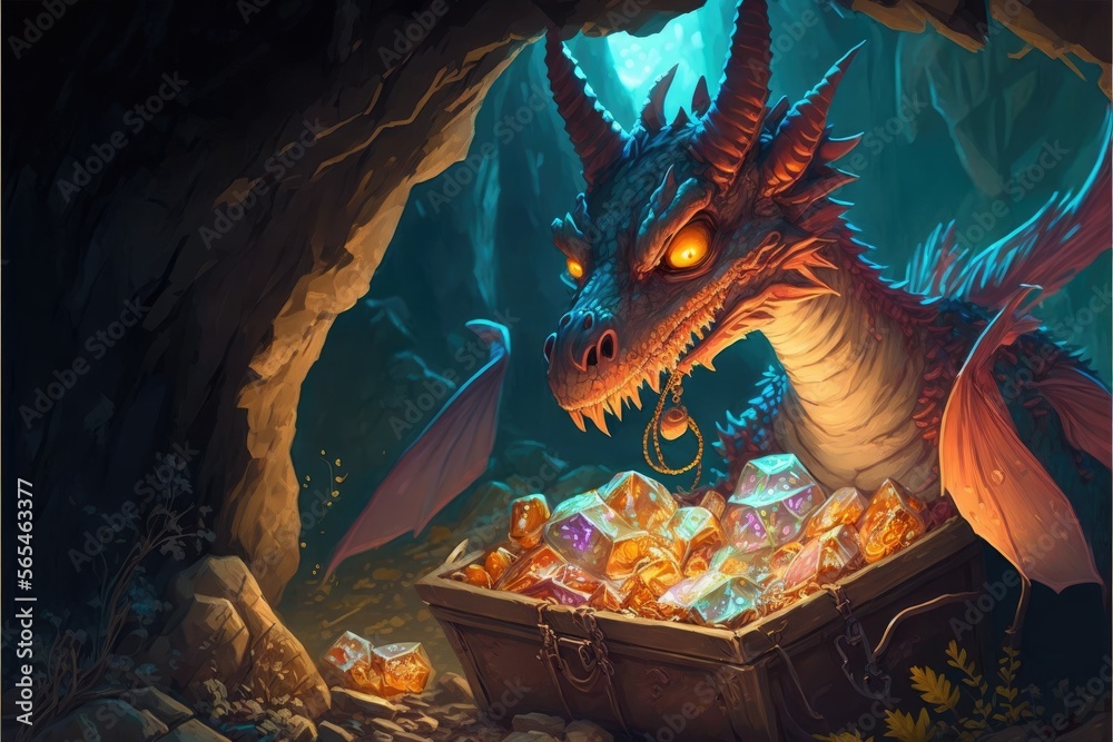 A dragon, hoarding treasure, in a cave,digital art style, illustration ...