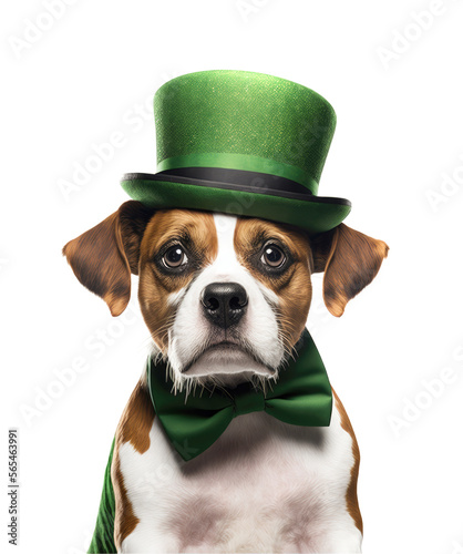 St Patrick's Day concept. Funny dog wearing leprechauns hat lookinh at camera ion white background. Generative AI photo