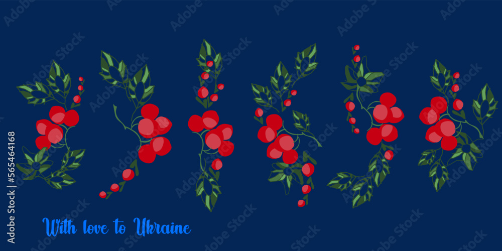 A set of six compositions of red viburnum with leaves on a dark blue background. With love to Ukraine. Declaration of love. Traditional Ukrainian symbols.