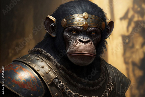 Chimpanzee animal portrait dressed as a warrior fighter or combatant soldier concept. Ai generated