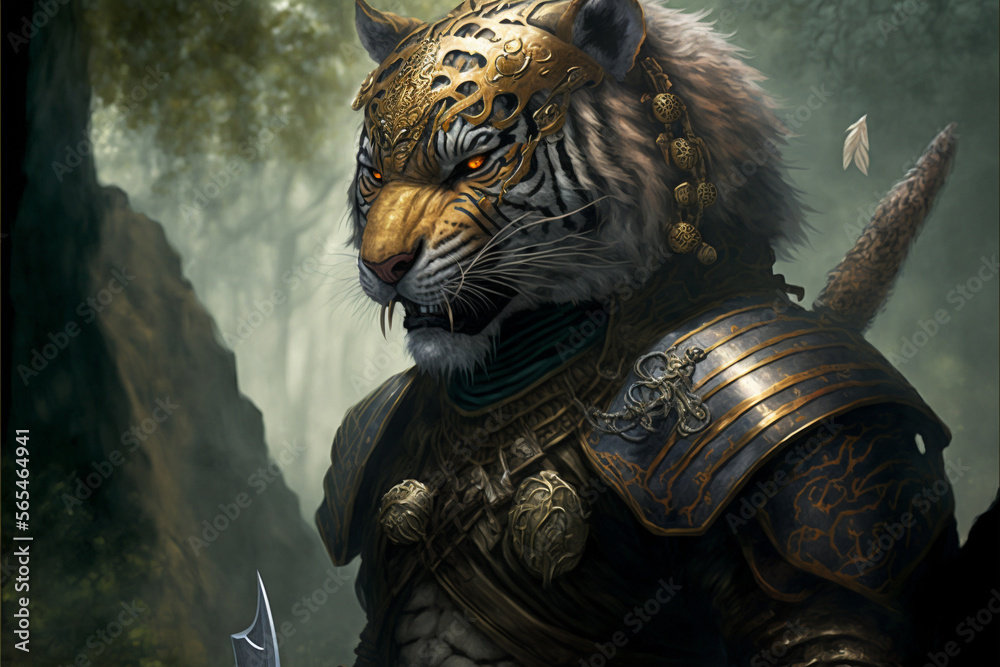 Tiger animal portrait dressed as a warrior fighter or combatant soldier concept. Ai generated Tiger animal portrait dressed as a warrior fighter or combatant soldier concept. Ai generated