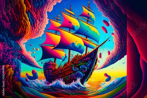 colorful ship in a colorful ocean and colorful clouds