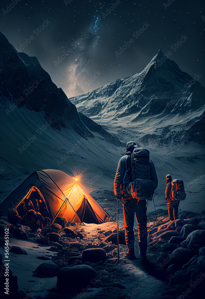 Mountaineers approaching the peak at night with tents