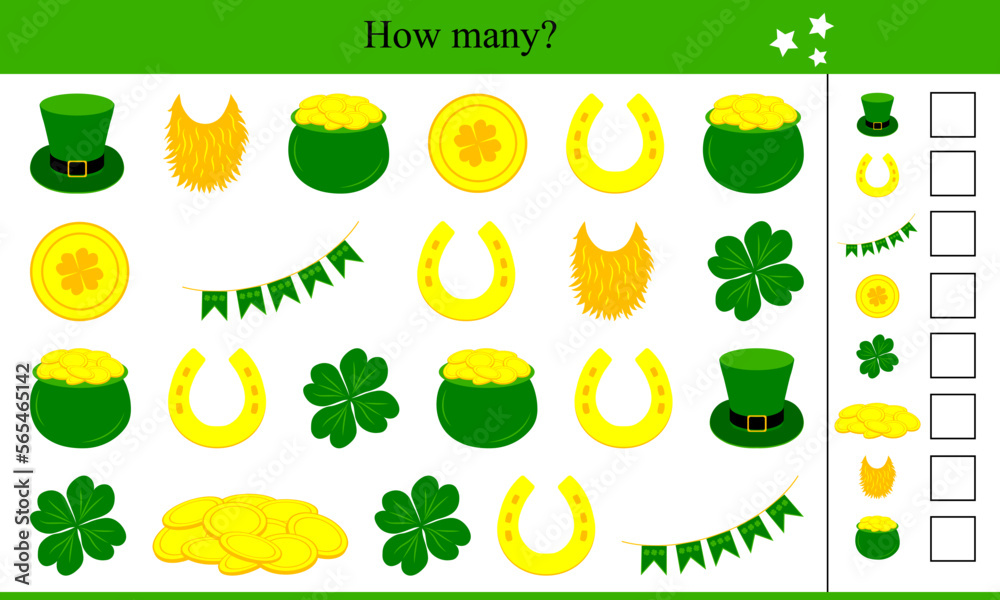 How many elements? Educational game for children. Saint Patrick's Day vector illustration