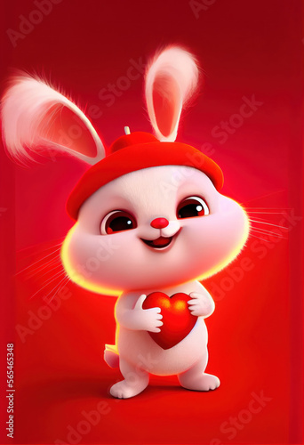 Cute bunny holding a heart  valentine s day  banner  space for text  generative ai 