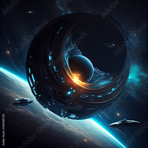Alien spaceship floating out of a black hole in space