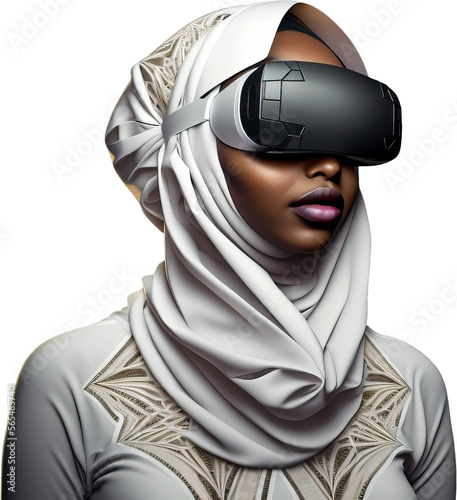 A beautiful African girl in white hijab with VR headset, without background | Generative AI Production