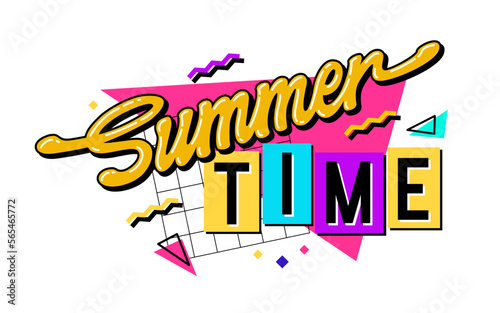 Summer time -   hand drawn 90s style vivid lettering illustration.  Isolated vector typography phrase with geometric shapes on background.  Colorful calligraphy design element.  For web  print  fashion