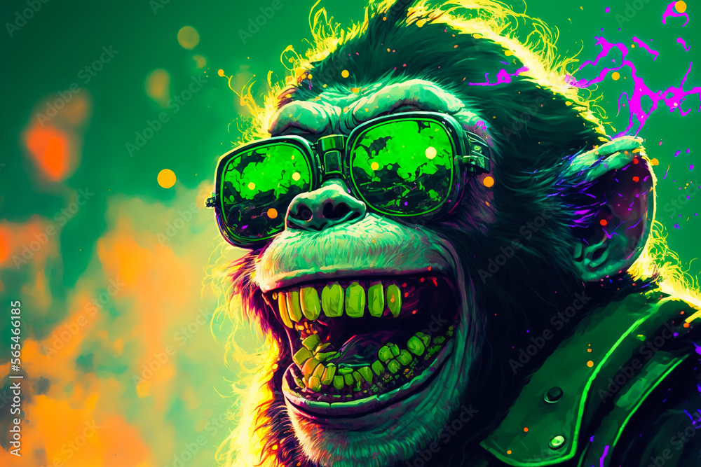 portrait of a crazy monkey in sunglasses on a glowing toxic background, generative ai - obrazy, fototapety, plakaty 