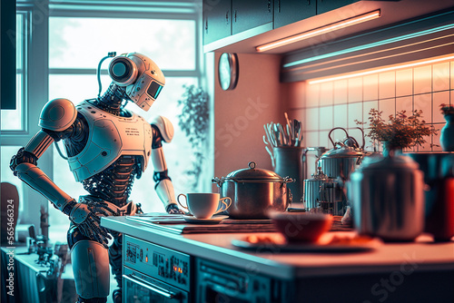 Robot effectuant des t  ches m  nag  res dans la cuisine - G  n  rative IA