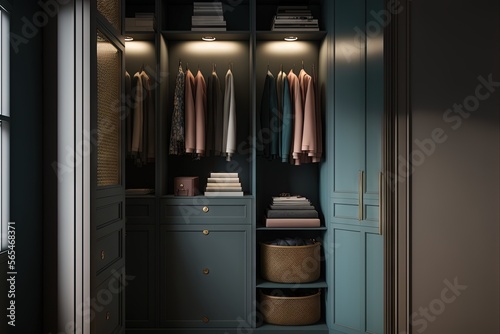  a closet with a lot of clothes hanging on it's walls and a basket with clothes on it's chest and a window. generative ai