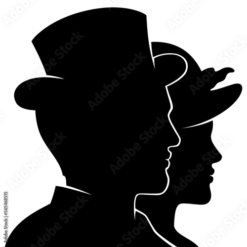 Victorian couple dressed in a classic style outfit, black silhouette vector illustration.